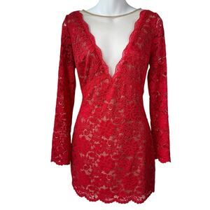Chic Long Sleeve Lace Short Red Dress Sz Medium Deep V Neckline Holiday Cocktail